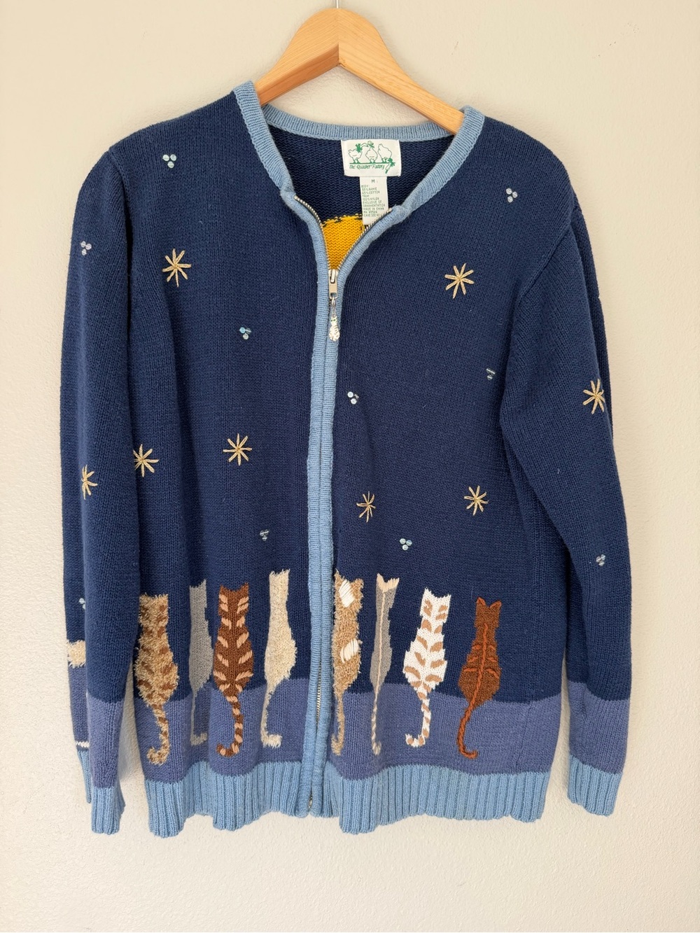 The Quacker Factory Cat Embroidered Zip-Up  Cardigan Sweater